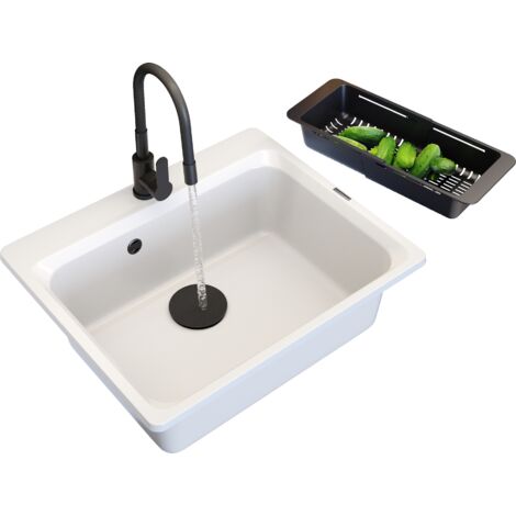 Évier de cuisine en granit blanc Granitan Zante - Ensemble avec robinetterie, panier et cache noir, 1 pièce