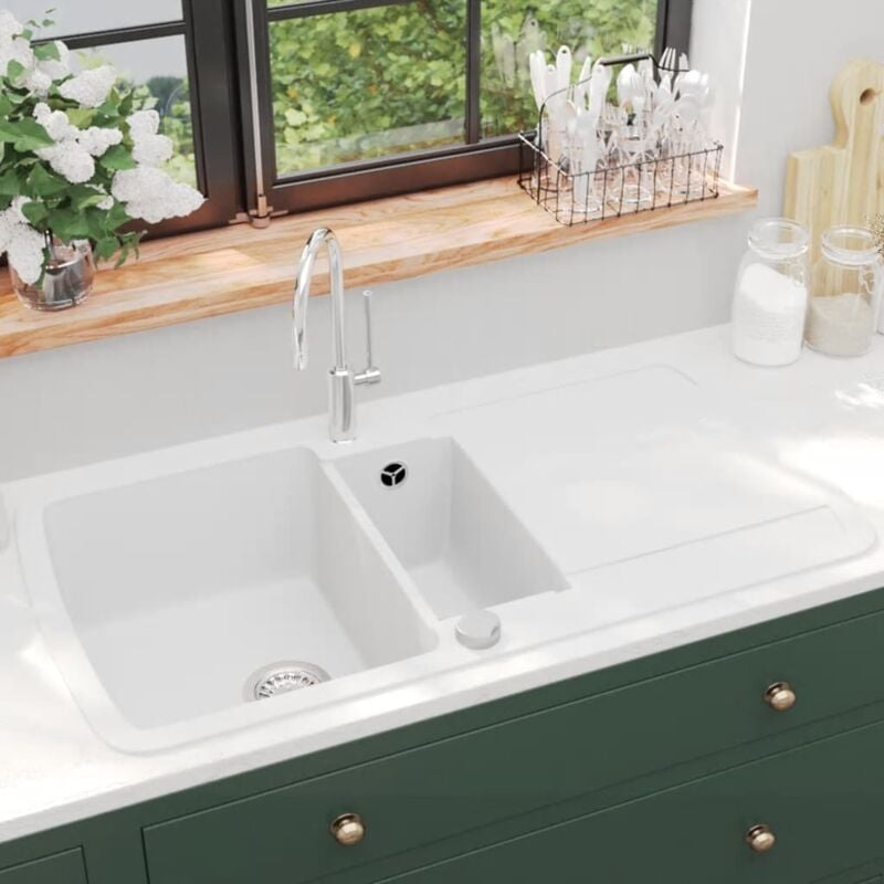 Vidaxl - vier de cuisine Granit Double lavabo Blanc