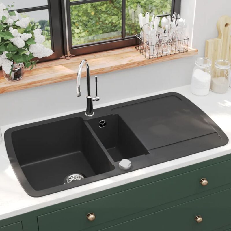 Vier de cuisine en granit Double bac Noir Vidaxl