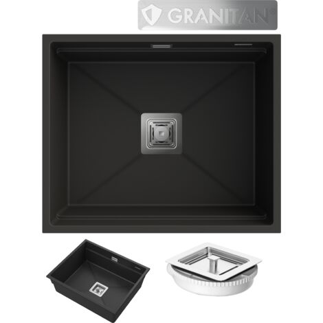 Évier de Cuisine en Granit - EPIR 60 avec Siphon Manuel et Imprégnateur GraniProtect - Noir - 600x500 mm