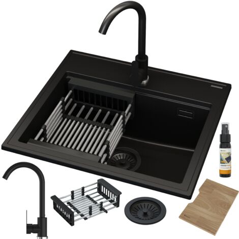 Évier de Cuisine en Granit FOXAL Noir avec Siphon Doré, Robinet et Égouttoir 1 set