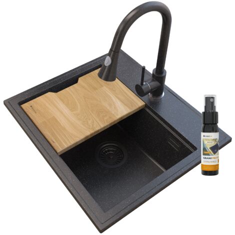 Évier de Cuisine en Granit Granitan FOXAL Noir Moucheté avec Siphon Doré, Robinet et Planche 1 Ensemble