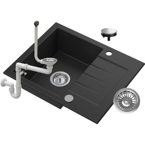 Évier de Cuisine en Granit Granitan Tinos avec Égouttoir et Siphon - Noir - 574x470 mm