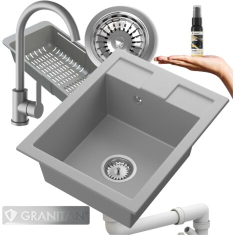 Évier de Cuisine en Granit Gris BEST – Monobac avec Mitigeur PRESTIGE PLUS Rotatif, Égouttoir Télescopique et Siphon Mural Inclus – Kit Complet avec Produit Protecteur GraniProtect