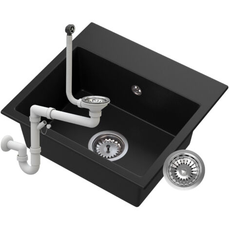 Évier de Cuisine en Granit MILOS Noir avec Siphon Manuel - 1 Bac - 450x420 mm - Marque Granitan