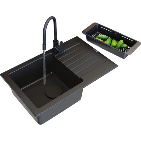 Évier de Cuisine en Granit MINO Noir avec Égouttoir, Robinet Flexible GRADO, Kit d'Installation et Protecteur GraniProtect - 68x44,2 cm