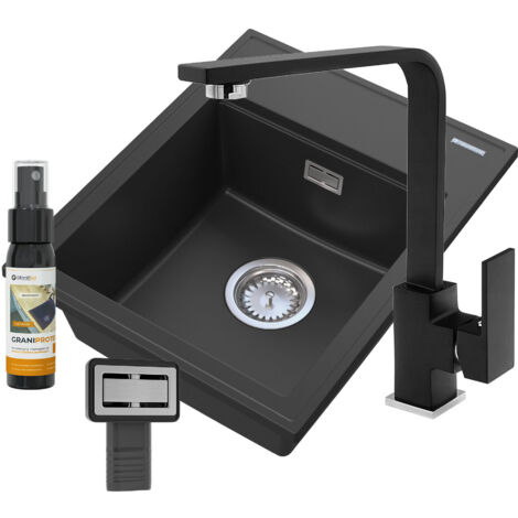 Évier de cuisine en granit noir Alor 1 bac sans égouttoir avec robinet noir mat Snake et siphon rectangulaire chromé