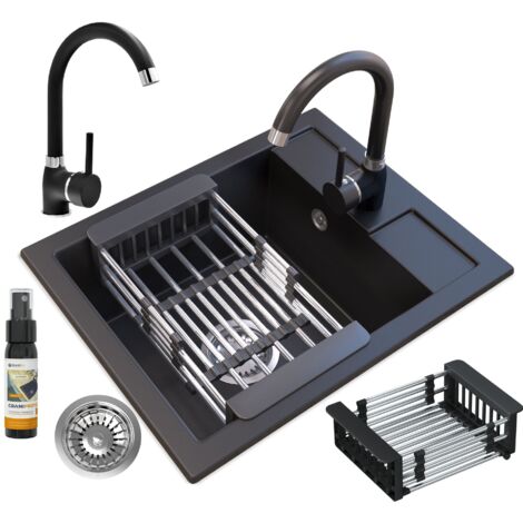 Évier de Cuisine en Granit Noir avec Robinetterie, Égouttoir, Siphon et Traitement GraniProtect - 1 Bac, Design Moderne 50x40 cm