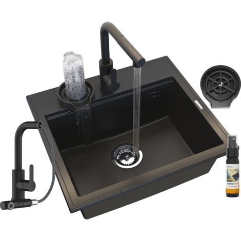 Évier de Cuisine en Granit Noir FOXAL avec Siphon Doré, Robinet Rétractable ERBO et Brosse Automatique - 1 Ensemble