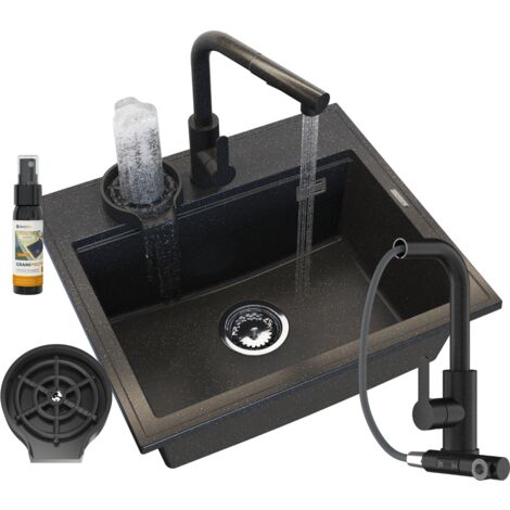 Évier de Cuisine en Granit Noir Granitan Foxal avec Siphon Doré, Robinet et Lave-Verres, 1 Ensemble