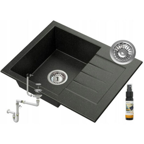 Évier de cuisine en granit noir Granitan Milano avec égouttoir réversible et siphon – 1 bac – 57,4x46,4 cm – Kit complet avec GraniProtect