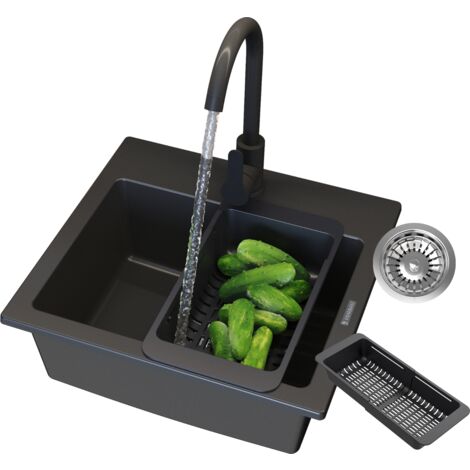 Évier de cuisine en granit noir Teor 1 bac avec robinet mitigeur, panier pliant et siphon mural 445x415 mm