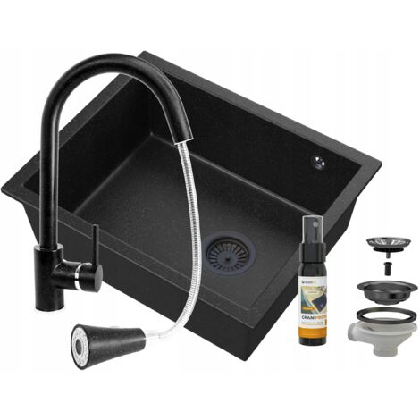 Évier de cuisine en granit sous-plan Granitan Salix Noir avec Robinet Snake Noir et Siphon Noir 1 bac