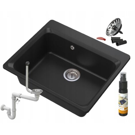 Évier de Cuisine en Granit ZANTE avec Siphon, 1 Bac, Noir, Réversible, avec Accessoires