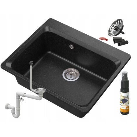 Évier de Cuisine en Granit ZANTE avec Siphon Manuel et Bonde Automatique Click-Clack Noir Mat 1 Bac 619x522mm