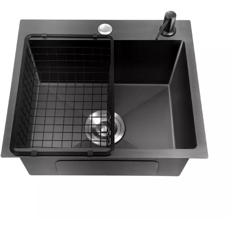 Gojoy - vier de cuisine encastrable 40 x 45 cm en acier inoxydable noir avec panier de vidage + bonde + tuyau de descente + distributeur de savon