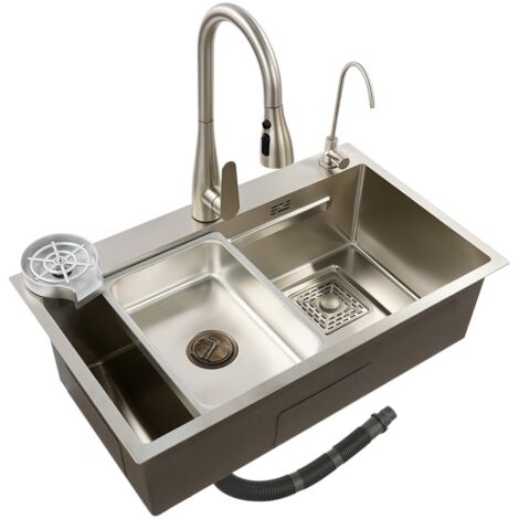 Évier de cuisine encastrable 75 x 45 x 22 cm - Évier à poser sur plan de travail en acier inoxydable 304, évier de cuisine à cuve unique avec robinet extractible, finition en acier inoxydable