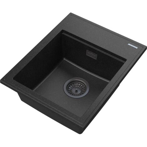 Évier de Cuisine Encastrable en Granit 1 Bac Alor Noir Moucheté avec Siphon Rectangulaire Doré pour Meuble de 45 cm