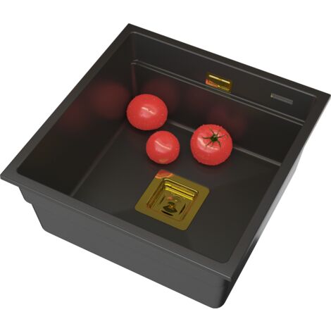 Évier de Cuisine Encastré/À Poser en Granit - Granitan Epir 44 Noir - 1 Bac Carré avec Siphon Doré - Compatibilité Lave-vaisselle/Lave-linge - 440x450 mm
