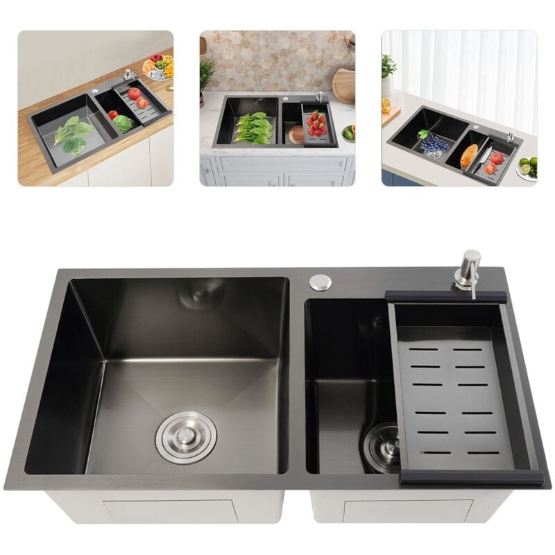 Évier de cuisine encastré Évier en acier inoxydable Garniture d'écoulement 7843cm noir