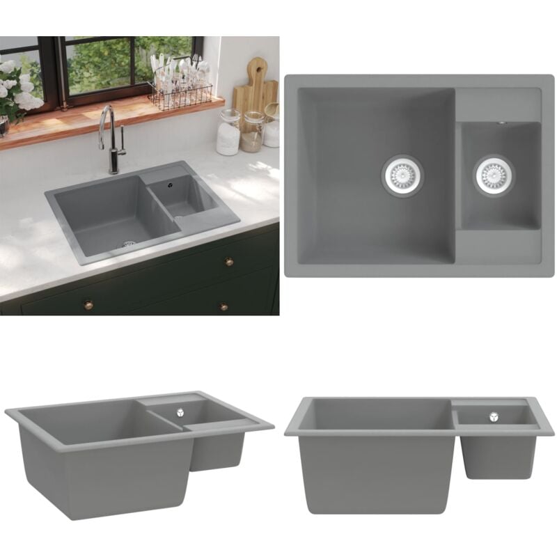 Vidaxl - vier de cuisine et deux lavabos trou de trop-plein Gris Granit - évier de cuisine - éviers de cuisine - Home & Living - Gris