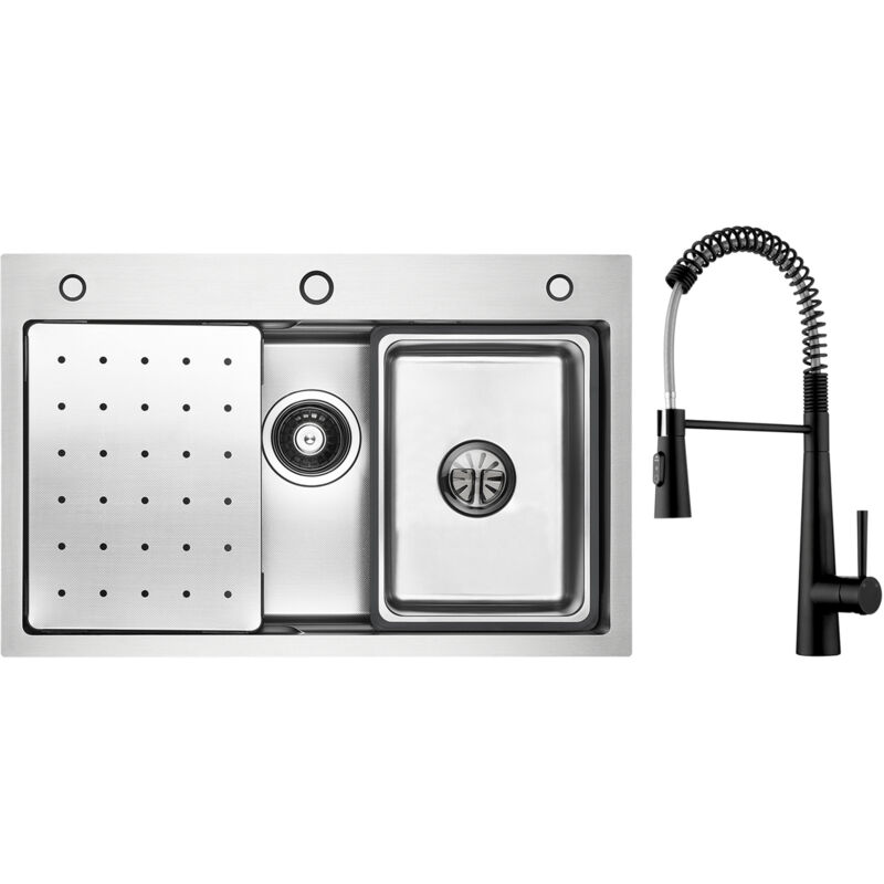 Cecipa Max - vier de Cuisine Évier 1 Bac 70×45cm avec Egouttoir, Vasque, Distributeur de Savon + Noir Mitigeur Cuisine à Ressort avec 3 Modes de