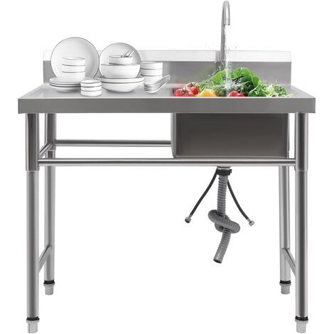 Évier de cuisine Évier, 1 cuve, fente à droite, plate-forme à gauche, évier de lavabo en acier inoxydable avec robinet et tuyau d'évacuation, 100 x 60 x 93 cm pour restaurants, blanchisseries, cantine