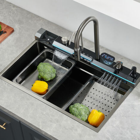 Évier de cuisine Évier double cascade,1 bac Evier De Cuisine Acier Inoxydable 304, avec affichage LED avec lave-tasses, distributeur de savon, commandes de comptoir, etc. (Gris 75 46 22cm)