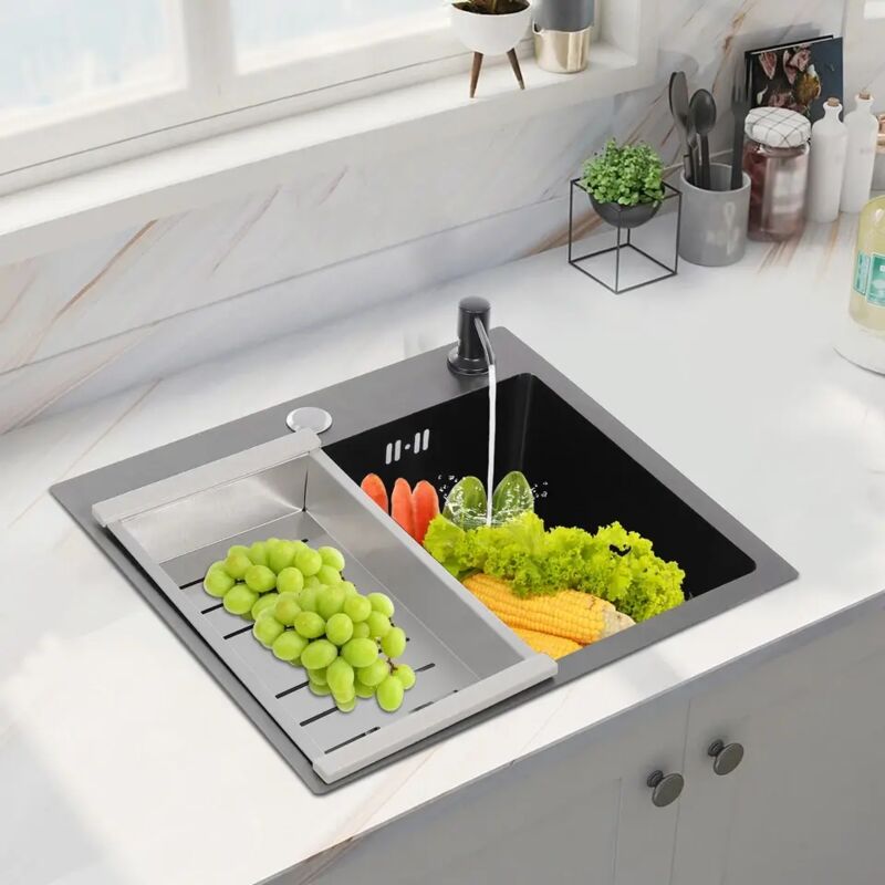 Vier de cuisine Évier encastré avec panier de vidange Évier carré en acier inoxydable 40x45cm