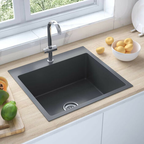 MEJE Évier de cuisine en acier inoxydable 68 x 45 cm avec cascade intégrée  et robinet rétractable - Grand bassin avec nano-revêtement noir