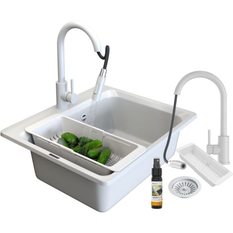 Évier de Cuisine Granitique 1 Bac ZANTE avec Égouttoir, Robinet Extensible LOSETO, Siphon, Panier Pliable & Imprégnant GraniProtect - Blanc Cassé