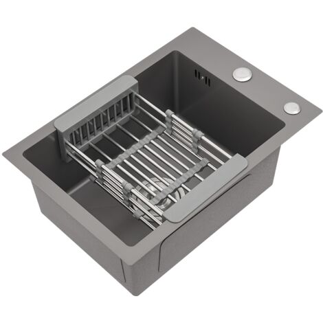 Évier de cuisine gris, 50 x 35 cm, évier de cuisine en acier inoxydable avec robinetterie, kit de trop-plein, perçages et distributeur de savon, évier encastrable à un bac, évier encastrable