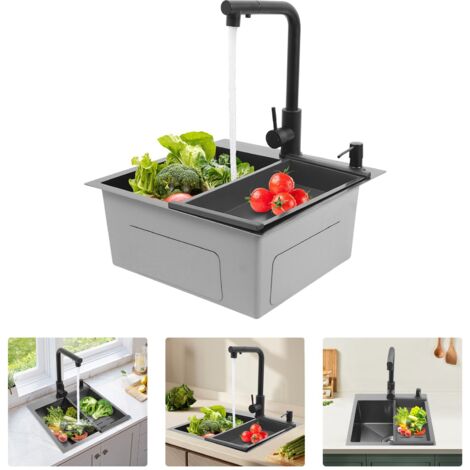 Évier de cuisine, noir, 45 x 45 cm, évier en acier inoxydable, anthracite, cuve simple, évier encastré avec robinet, évier de cuisine en acier inoxydable avec siphon et filtre