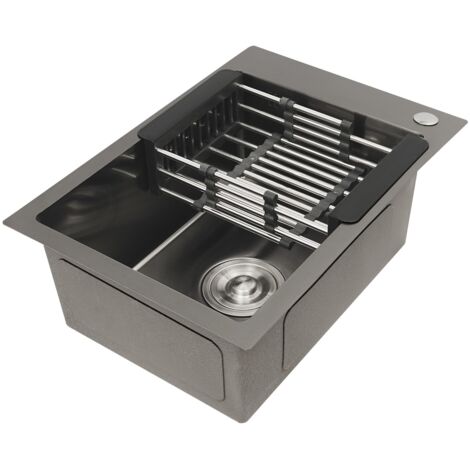 Évier de cuisine noir, 50 x 35 cm, évier de cuisine en acier inoxydable avec robinetterie, kit de trop-plein, perçages et distributeur de savon, évier encastrable à un bac, évier encastrable