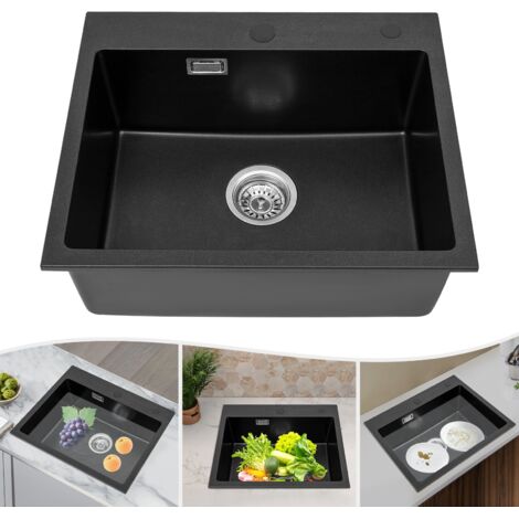Évier de cuisine, noir, 55 x 45 cm, en granit à 80 % de sable de quartz, évier encastrable à un bac, évier de cuisine avec siphon et trop-plein