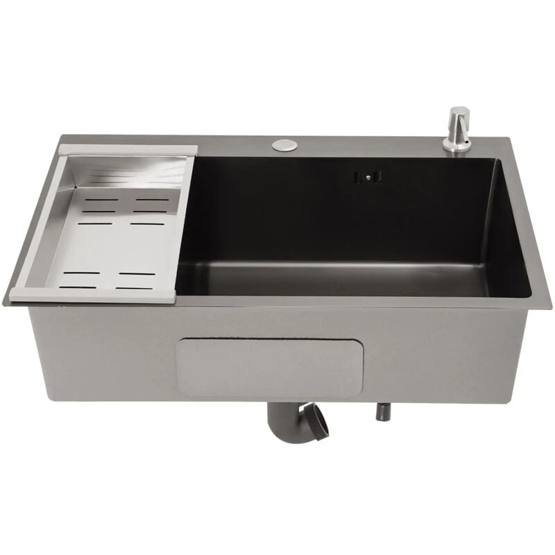 Gojoy - vier de cuisine noir 68 x 45 cm, évier de cuisine en acier inoxydable Poste de travail évier encastré avec panier à tamis et distributeur de