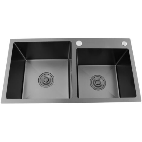 Évier de cuisine noir à double cuve, en acier inoxydable avec revêtement nano, évier à double cuve 75 x 40 cm, à encastrer sous plan, avec bouchon et crépine de vidange noirs