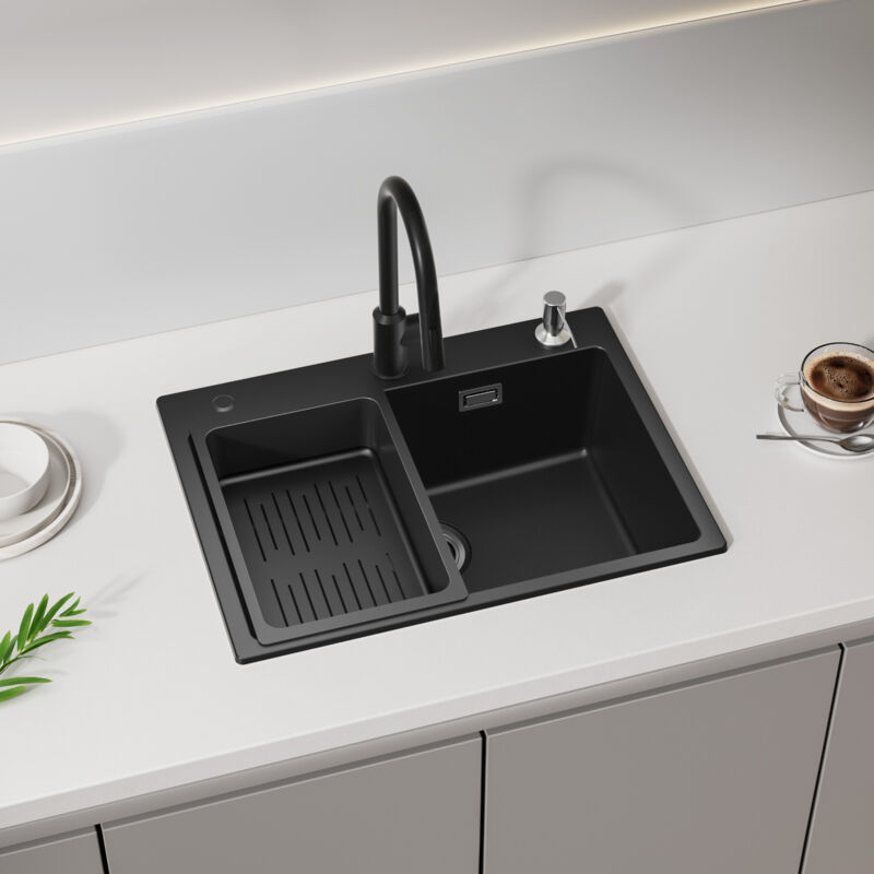 Evier de Cuisine Noir avec Panier de Vidange et Distributeur de Savon, Evier 1 Bac 60x45cm Grande Capacité, Evier en Quartz et Résine de Cuisine