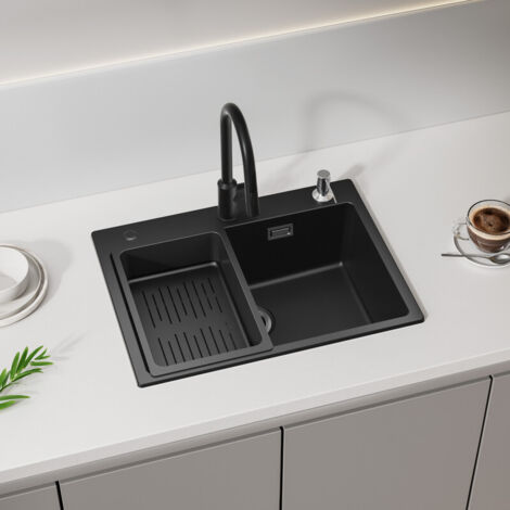 Evier de Cuisine Noir avec Panier de Vidange et Distributeur de Savon, Evier 1 Bac  60x45cm Grande Capacité, Evier en Quartz et Résine de Cuisine