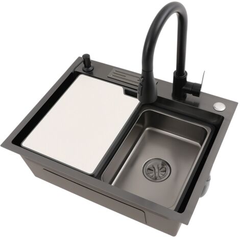 Évier de cuisine noir avec robinet coulissant, 60 x 45 cm, évier monobasain avec planche à découper en acier inoxydable, équipé d'un siphon et d'un trop-plein