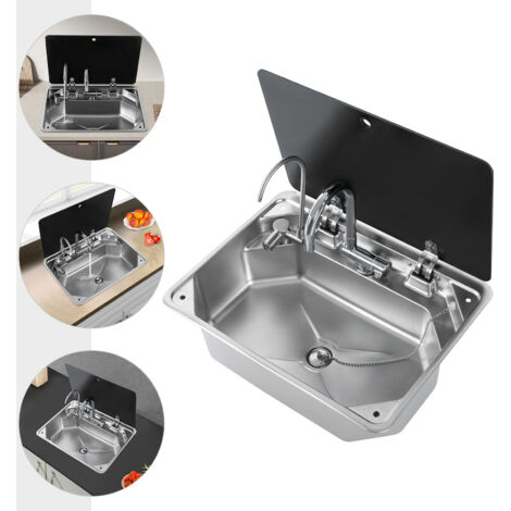 Évier de cuisine pour camping-car avec robinet rétractable pour eau chaude et froide, évier de camping de 19,69 x 14,92 x 6,57 pouces, évier simple, lavabo encastrable en acier inoxydable