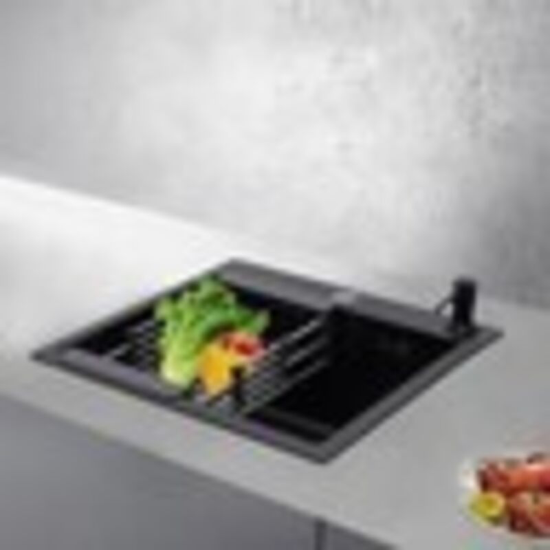 Évier de cuisine, rectangulaire, en granit, noir, 40 × 45 cm, petit, avec trous pour robinet, 1 bac en acier inoxydable