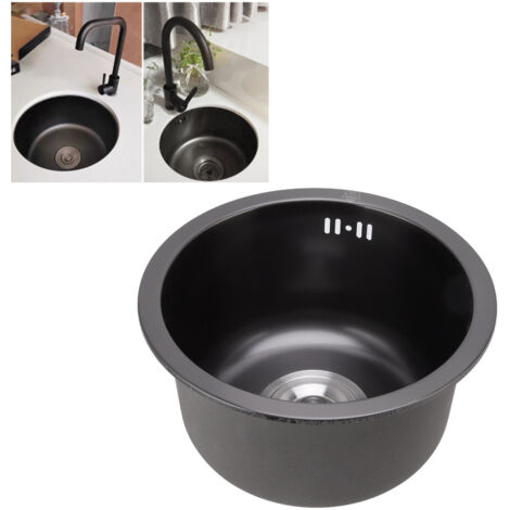 Évier de Cuisine Rond Mini en Acier Inoxydable Noir Bar avec Trous d'Évier et Accessoires pour Drainage