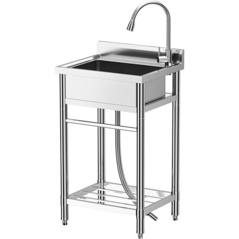 Évier de cuisine sur pied en acier inoxydable avec robinet, lavabo de cuisine avec étagère de rangement, bac à linge pour intérieur et extérieur