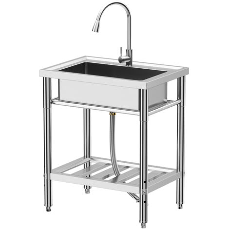 Évier de cuisine sur pied en acier inoxydable avec robinet, lavabo de cuisine avec étagère de rangement, bac à linge pour intérieur et extérieur