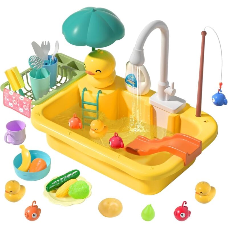 Vier de Jeu avec Eau Courante, Jouet d'évier de Cuisine avec Robinet d'eau Chaude électrique amélioré, Jouet de pêche en étang Flottant, Jouet de