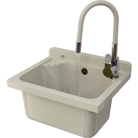 Évier de service en granit Loma beige avec robinet flexible Grado, siphon et kit de montage inclus