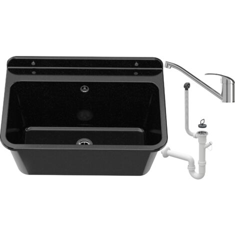 Évier de Service Grand Bac en Granitan Noir avec Robinet Chromé – 61x41 cm
