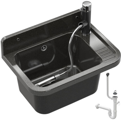 Évier de service Granitan Paron noir avec robinetterie et siphon – idéal pour buanderie, chaufferie, garage, atelier.