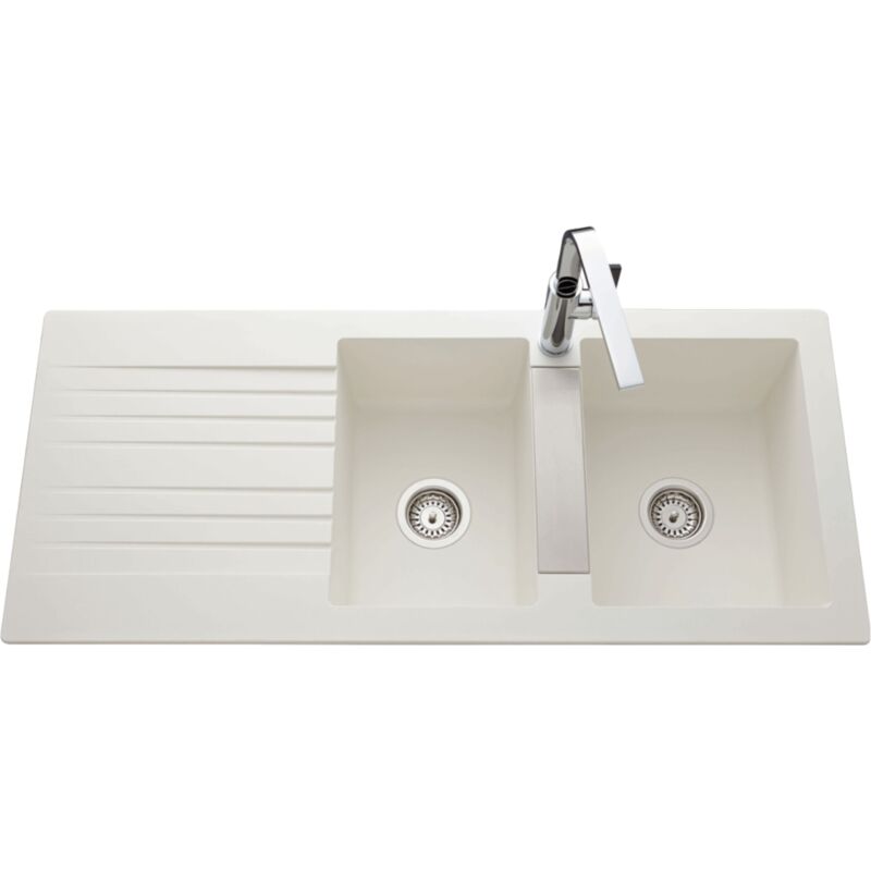 Évier de synthèse blanc PLUTON 2 bacs 1 égouttoir avec plaque